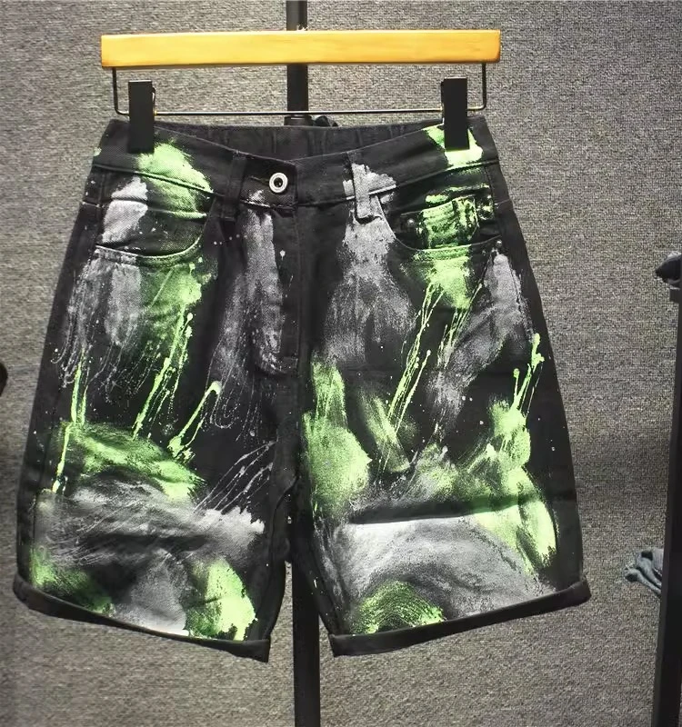 

Летние модные джинсовые orts Hand-dn fiti Paint Splatter, мужские свободные уличные брюки в стиле хип-хоп с пятью точками средней длины