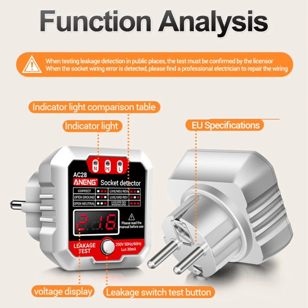 ANENG AC28 Digital Socket Power Tester 250V 50Hz/60Hz Socket Polarity Detector EU/US Plug Voltage Tester Circuit Breaker Finder