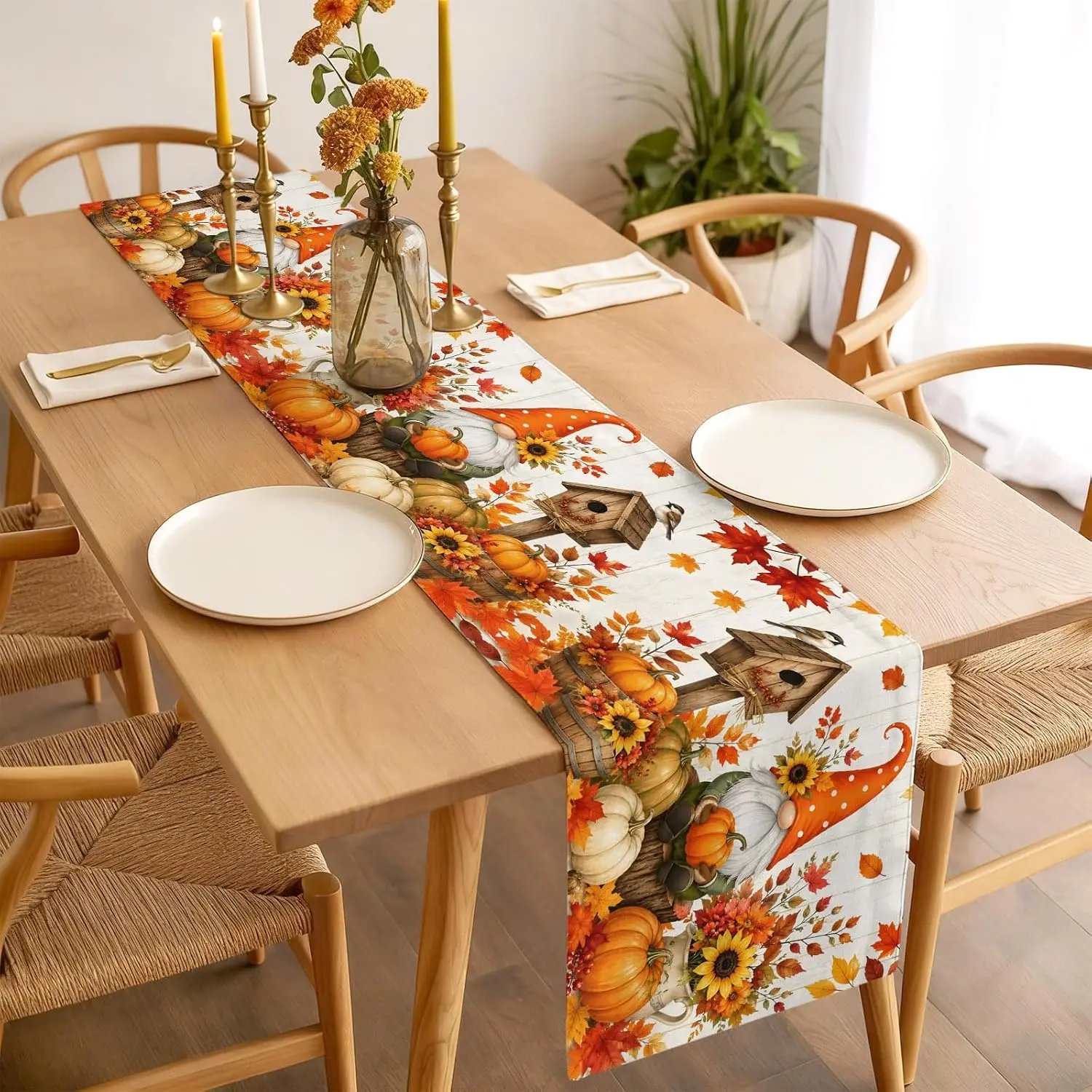 Fall Harvest Pumpkins Gnomes Maple Leaves Linen Table Runner Party Decor Reusable Kitchen Dining Table Runner Autumn Decorations