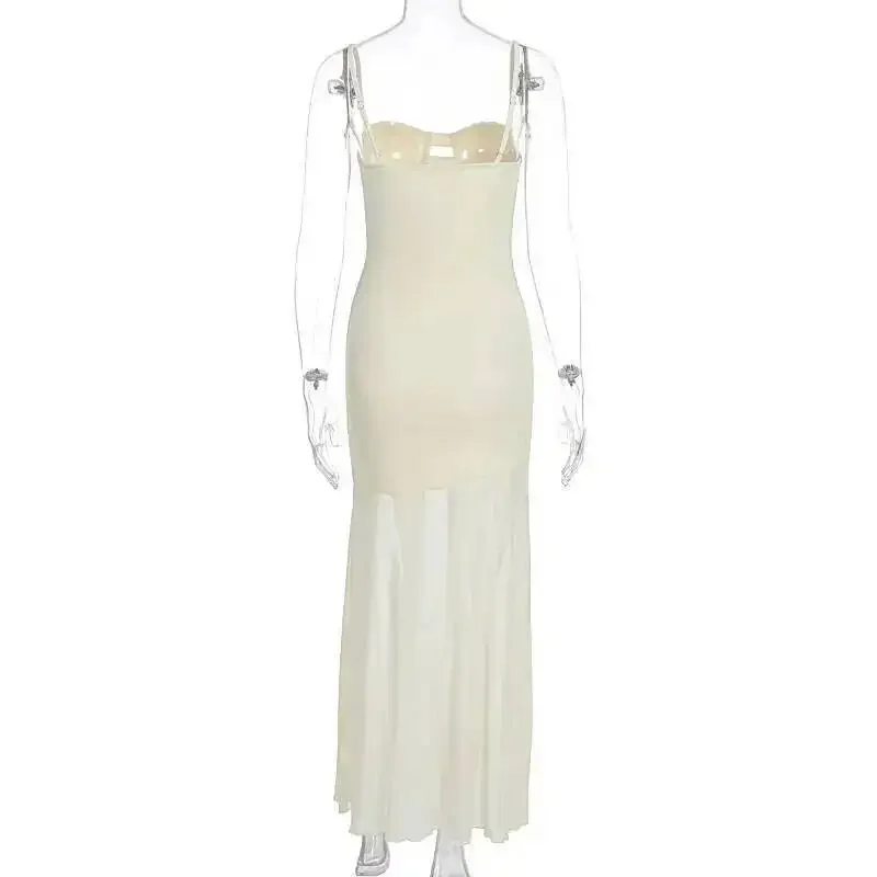Fashion Mesh Splicing Hollow Spaghetti Strap Backless Party Sexy Dresses Elegant Long Dress Women 2025 New Summer Dress Vestidos