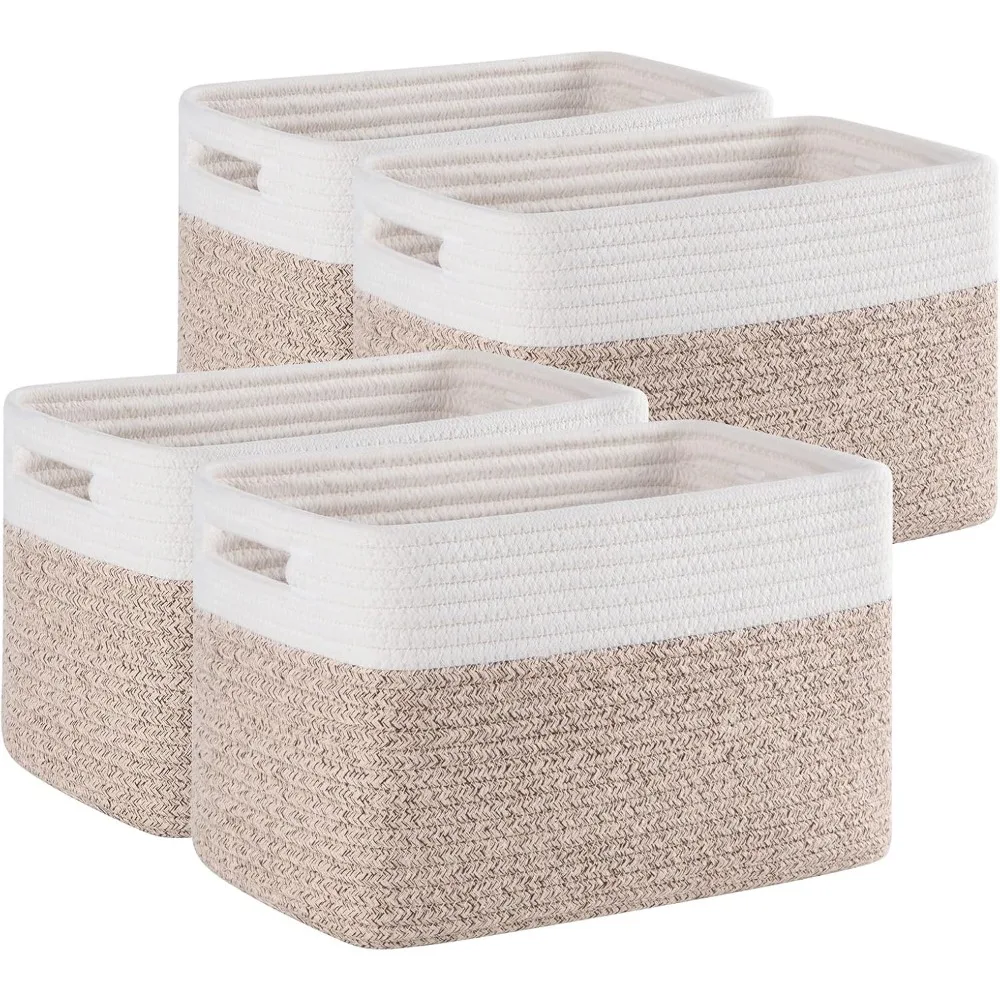 

Four Pack Woven Storage Baskets for Shelves Ideal for Books Towels Clothes Durable Brown and White