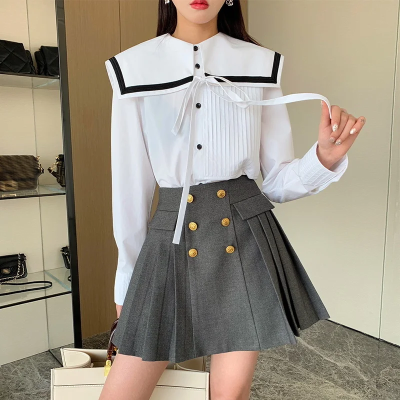 

French Navy style contrast color crimping long sleeved white shirt women's design sense minority coat foreign style fashion