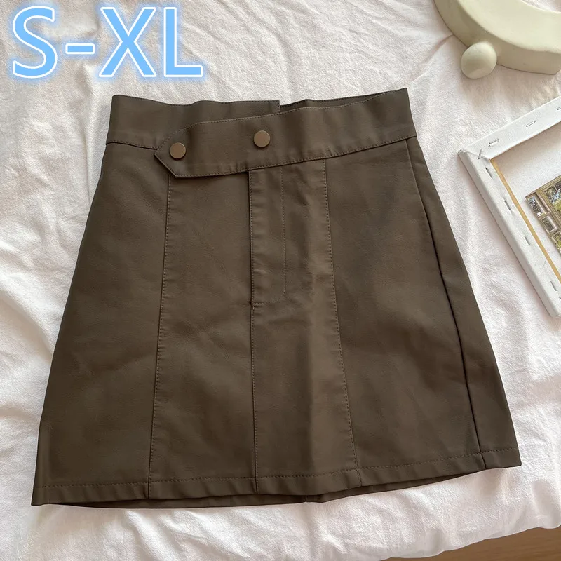 Women PU A-line Mini Skirt Autumn 2021 Female Sexy Vintage Design Sense PU Leather Short Skirt High Waist Thin Package Hip Skirt