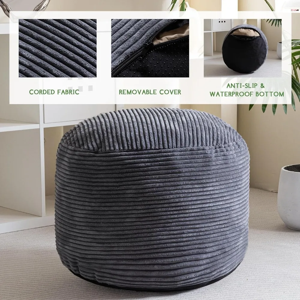 Round Stuffed Pouf Ottoman, Corduroy Poufs with Foam Chunk Filling, Furry and Fluffy Pouf Foot Stool Storage, Stools & Ottomans