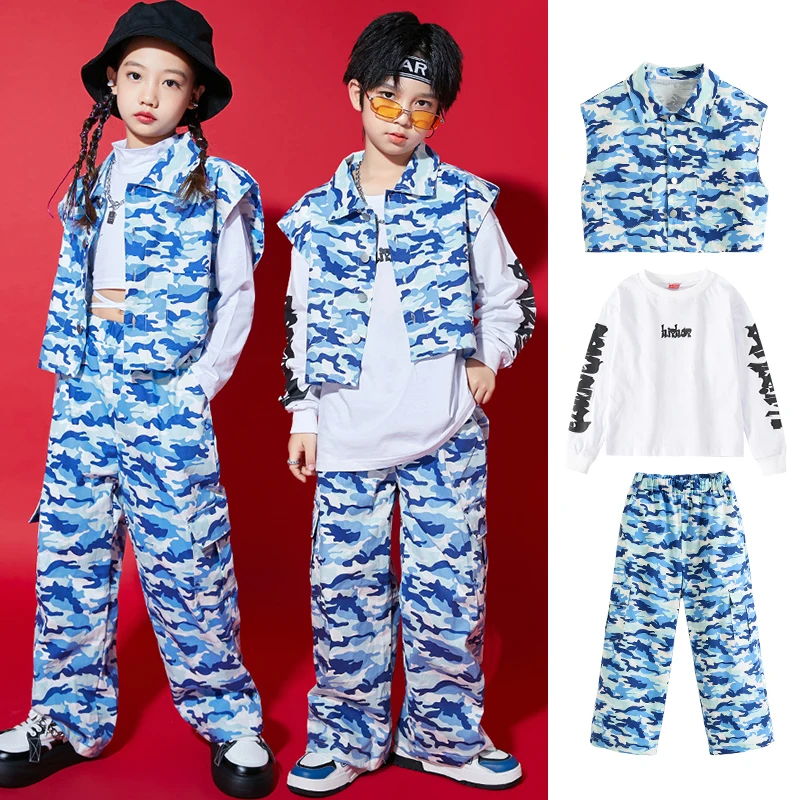 

Kids Blue Camouflage Hip Hop Dance Clothes Girls Jazz Dance Outfit Child Festival Clothing Boys Street Dance Costume YS4315