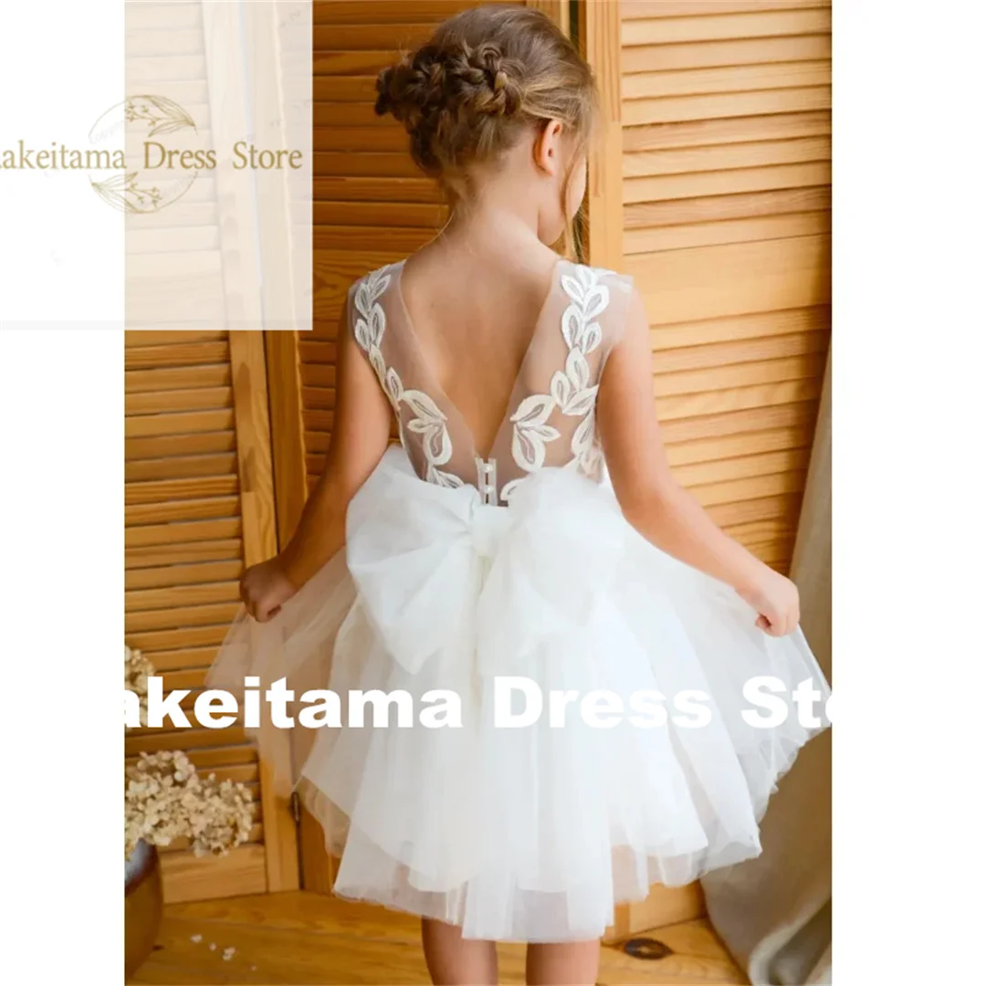 

Customization White Tulle Appliques Embroidery With Bow Sleeveless Flower Girl Dresses For Wedding Birthday Party Holy Communion