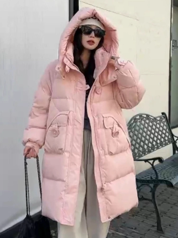 Women Down Jacket 2025 New Winter Parkas Fashion Casual Hooded Thick Mid-Length White Duck Puffer Coat Tops Female Outerwear