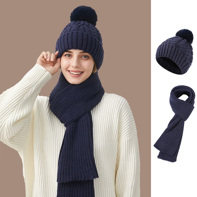 Winter New Women's Plush BeaniesTwists Hair Ball Knitted Thick Hat Warm Solid Scarf Outdoor Ski Ear Protection Two Piece Sets