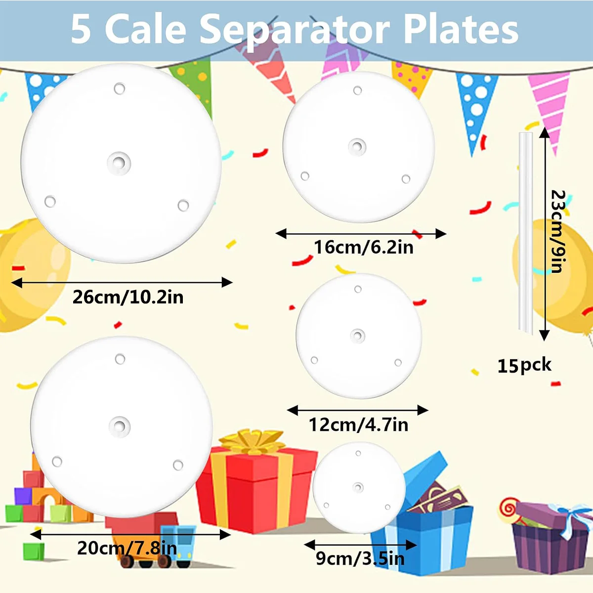 5 Pieces Cake Separator Plates Stands Cake Base 15 Pieces Plastic Cake Dowels Rods Reusable for Tiered Stacked Cakes  for Party