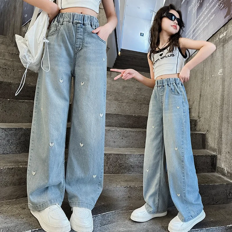 

Spring and Autumn Clothing Children's Pants New Korean Style Fashionable Embroidered Love Jeans Wide-Legging Pants