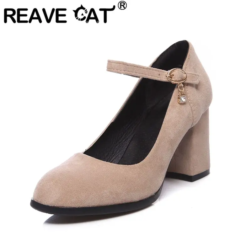 REAVE CAT Black Women Pumps Flock Suede Round Toe 7cm Block Heel Buckle Strap Small Big Size 31 32 42 43 Mary Janes Dating Shoes