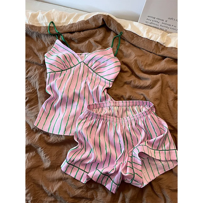 

French Pure Desire Spice Girl Striped Ice Silk Pajamas Women's Summer 2026 New Satin Suspender Shorts Loungewear Set