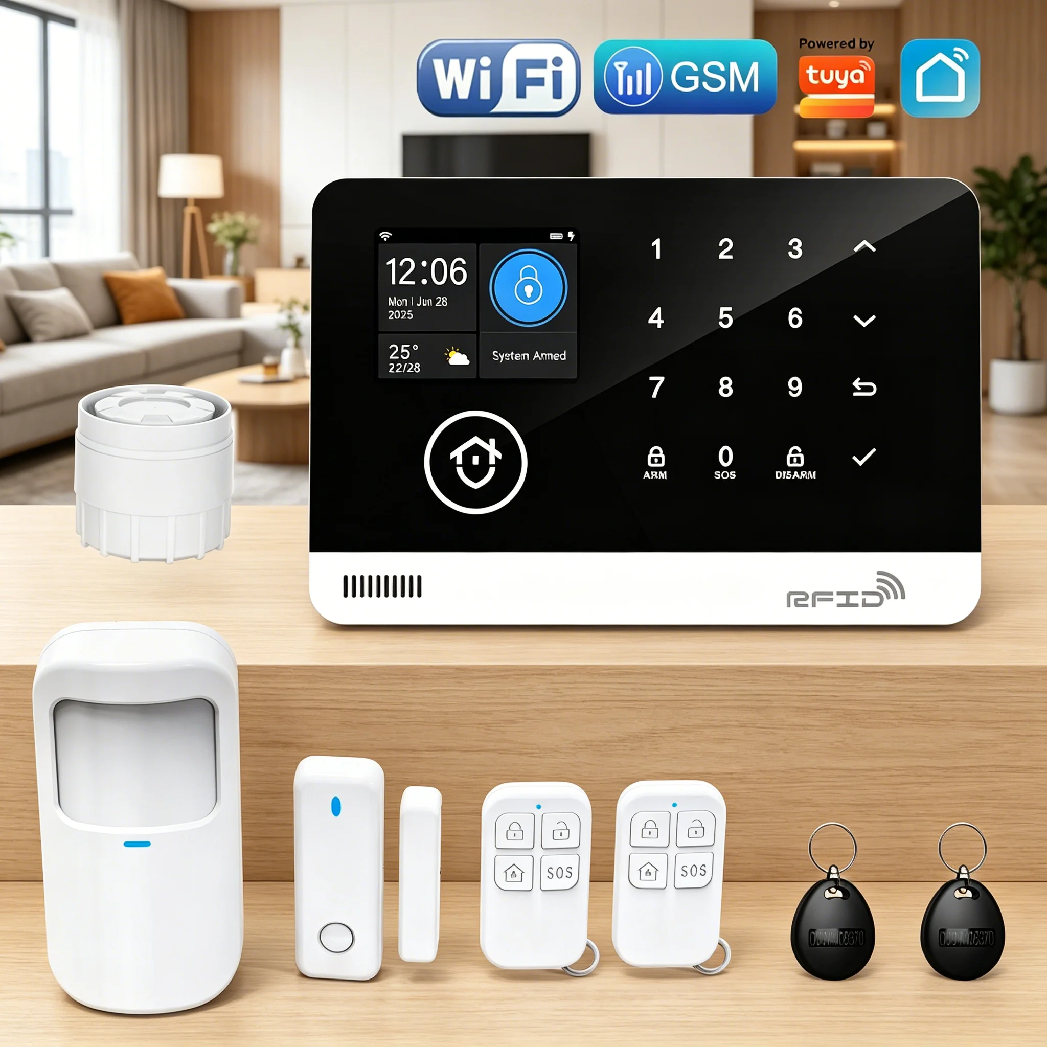 Zestaw bezprzewodowego systemu alarmowego do inteligentnego domu Tugard, 120 dB, czujnik ruchu, sterowanie przez WiFi, GSM, aplikację Tuya, Alexa, Google Assistant, zdalne sterowanie.