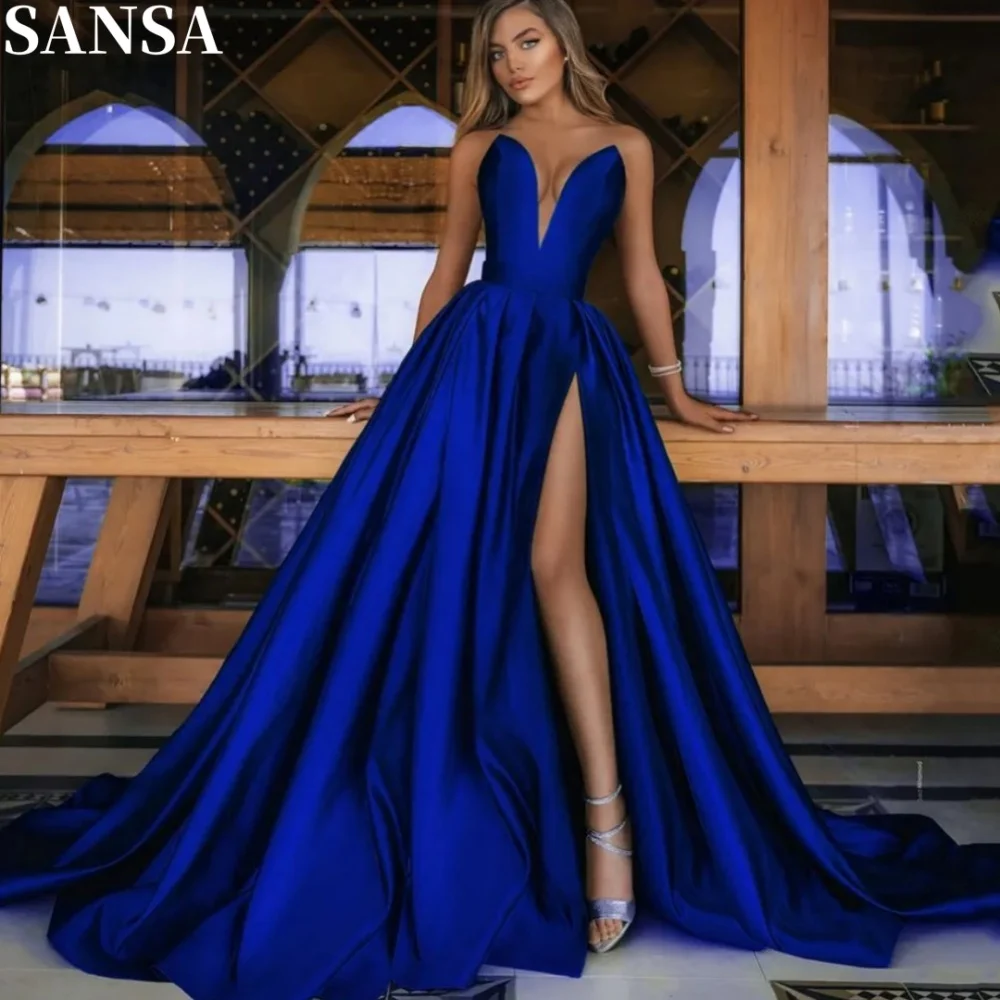 

Sansa Exquisite A-Line Satin Prom Dress Customized Floor-Length V Neck Draped Wedding Dresses Sleeveless Vestidos De Fiesta 2024