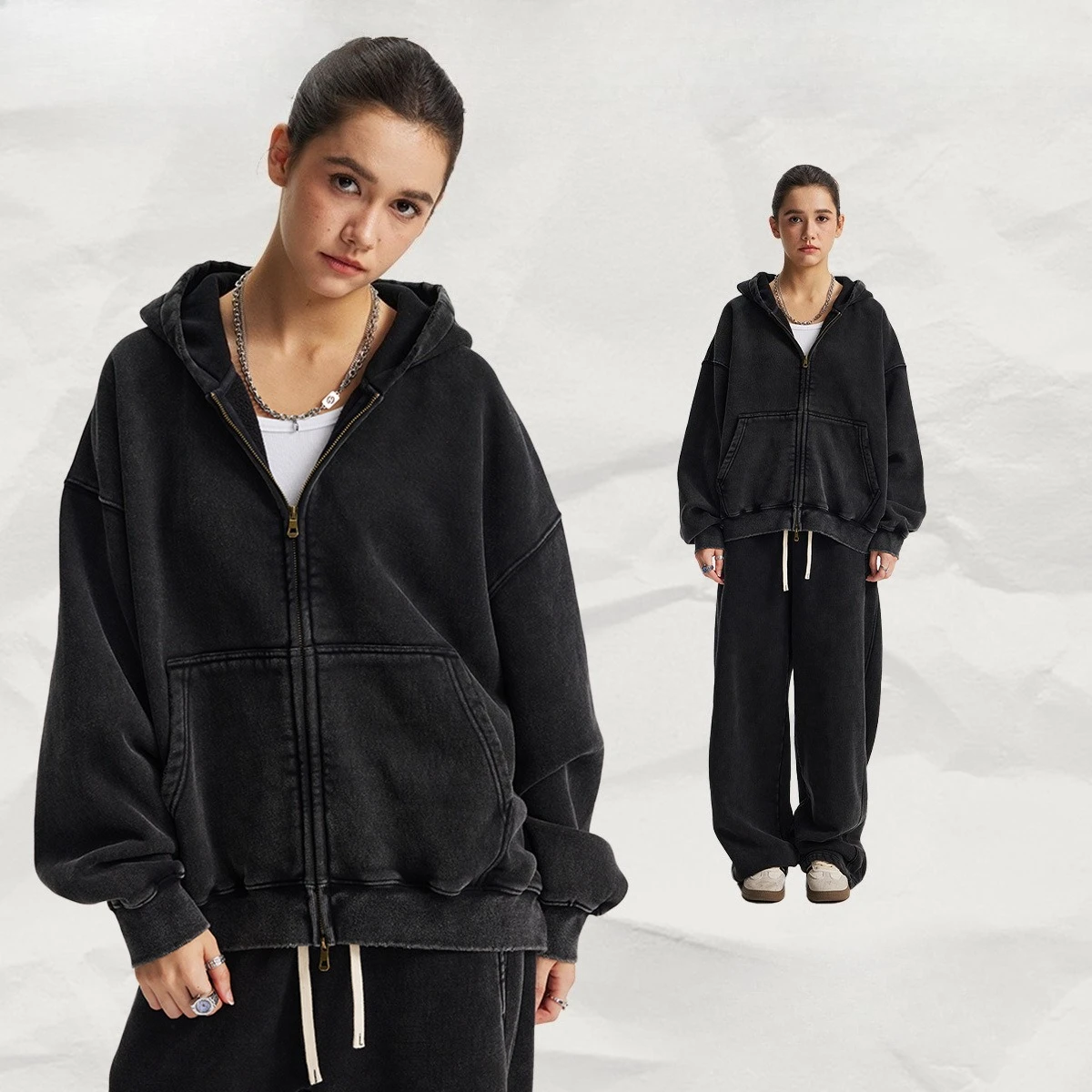 

​ ​ 2025 Мужская толстовка с флисовой подкладкой, комплект на молнии, повседневный спортивный костюм для бега с восковой краской ​ ​