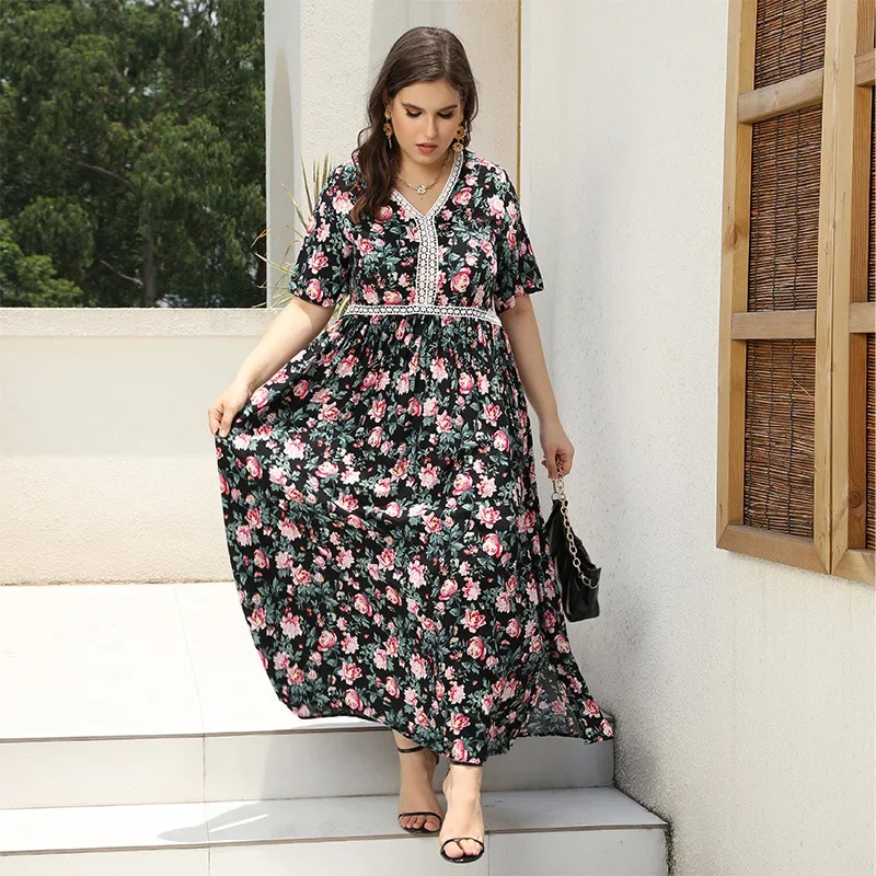 

Русские мусульманские платья макси больших размеров для женщин, богемные халаты с цветочным принтом и коротким рукавом, мусульманские праздничные пляжные платья Абая