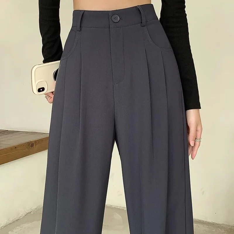 Pantalones de traje de lino de pierna ancha para mujer, cómodos y pantalones holgados de cintura alta, pantalones de pierna recta para mujer, pantalones clásicos grises