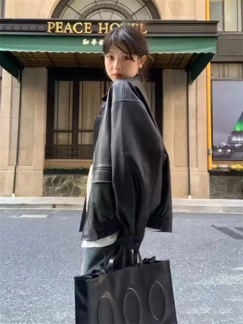 Vintage PU Leather Jacket Women Spring Autumn New Retro Black Brown Casual Fashion Zipper Cropped Loose Leather Moto Biker Coat