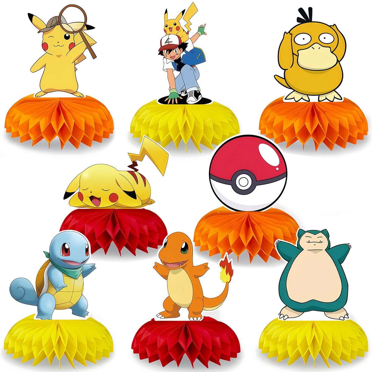 Décorations de table en nid d'abeille Pokémon Pikachu, décorations de fête d'anniversaire, ornements en papier de dessin animé, fournitures de fête, cadeaux et faveurs