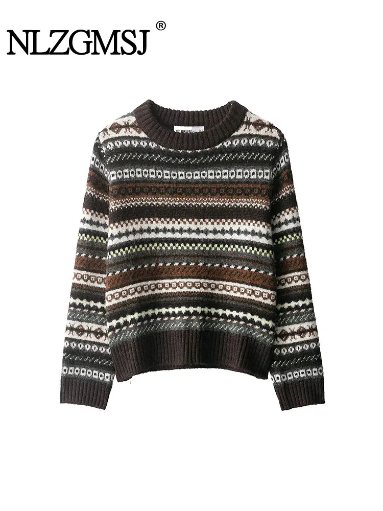 

NLZGMSJ женские свитера 2025, зимние теплые лоскутные жаккардовые пуловеры с длинными рукавами, женский топ Y2K