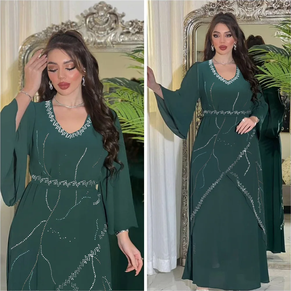 Ramadan Dubai Abayas Frauen Diamanten Party muslimischen Kleid Eid Djellaba Islam Jalabiya arabische Robe Marocaun Kaftan Truthahn Kleid Abaya