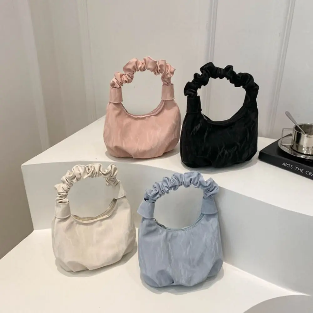 

Portable Solid Color Wrinkled Handbag Large Capacity Gentle Wrist Bag PU Korean Style Women Armpit Bag Girls