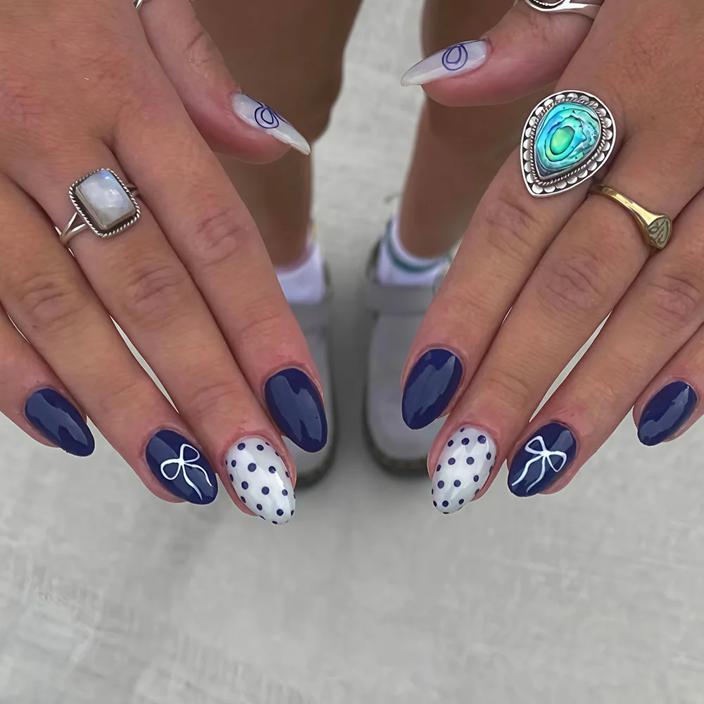 

24-Pcs Fake Nails Short Rounded Deep Blue with Butterfly Polka Dots Glossy Finish Cute Press-on Style Perfect Gift for Girls