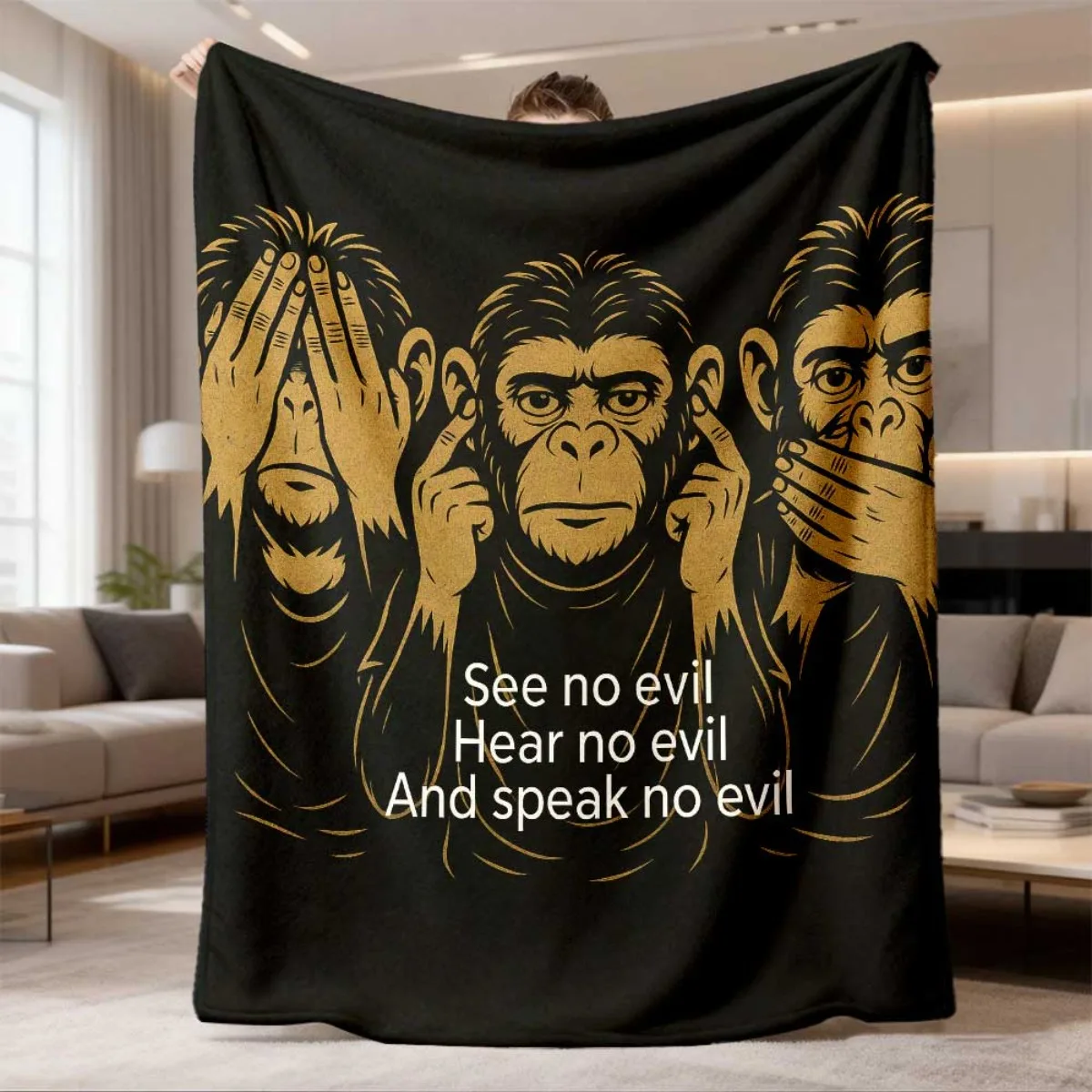 Vintage Three Wise Monkeys Pattern Flannel Blanket Lightweight Warm Plush Throw Blanket Classic Monkey Motto Art Decor Blanket