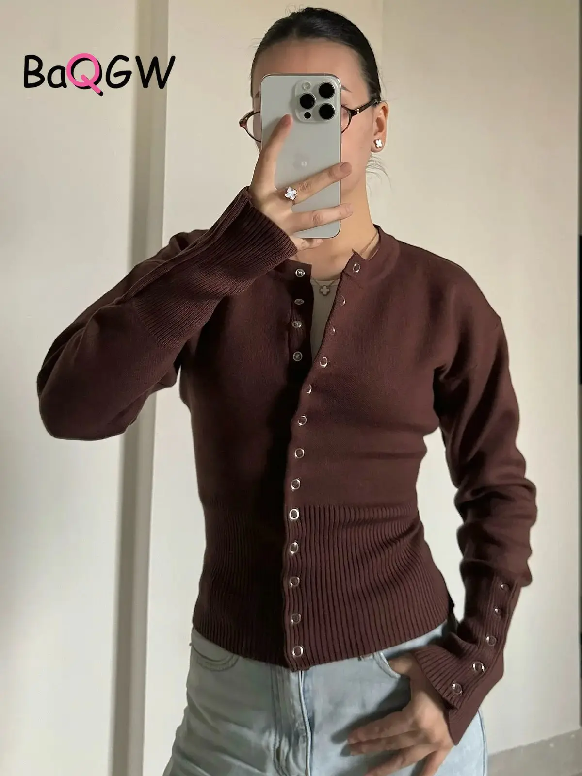 

Brown Ribbed Knit Sweater Cardigan For Women O Neck Long Sleeve Fitted Top Clothing New Knitwears Fall White Winter Black Blue