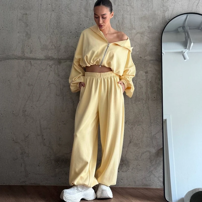 

TARUXY Hooded Coat Pants Set Women's Zippered Solid Splicing Long Sleeves Top Long Pants 2-Piece Set 2025 Autumn New Casual Wear