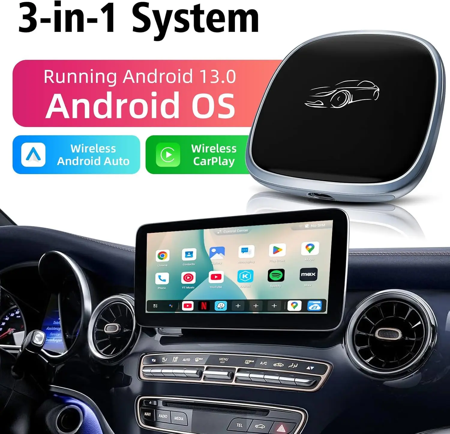 3-in-1 System Android 13 Car Video Ai Box for Wireless CarPlay Adapter/Android Auto, Ai Box Carplay with GPS, Bluetooth, Wifi
