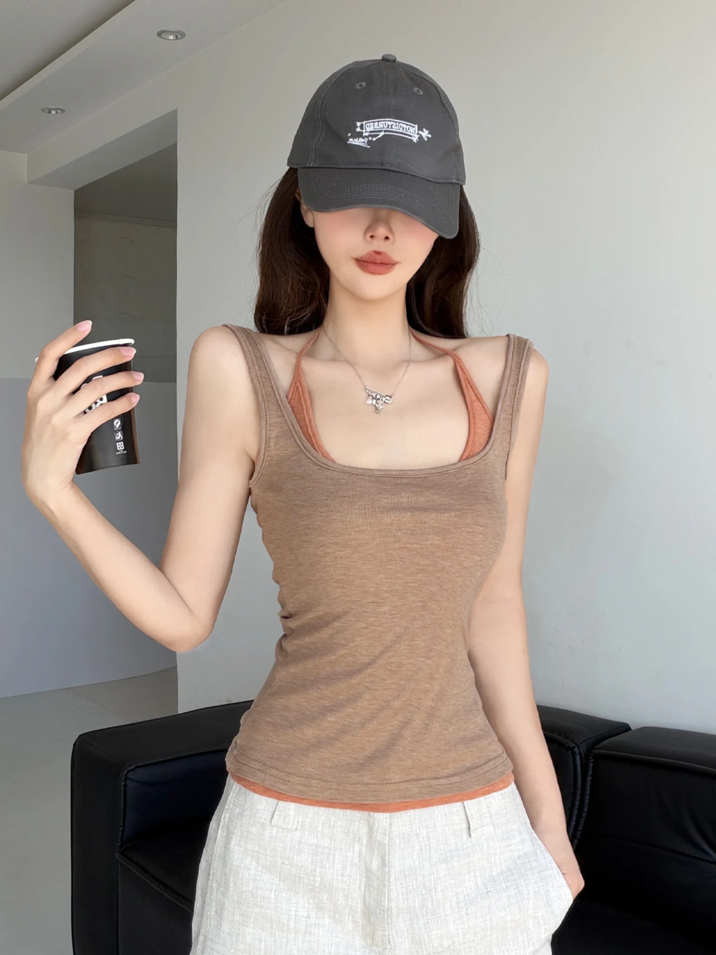 

Holiday Essential Women's Slim Fit Silk Camisole Tank Top Neck Hanging Strap Color Block Short Length U-Neckline Fashionable