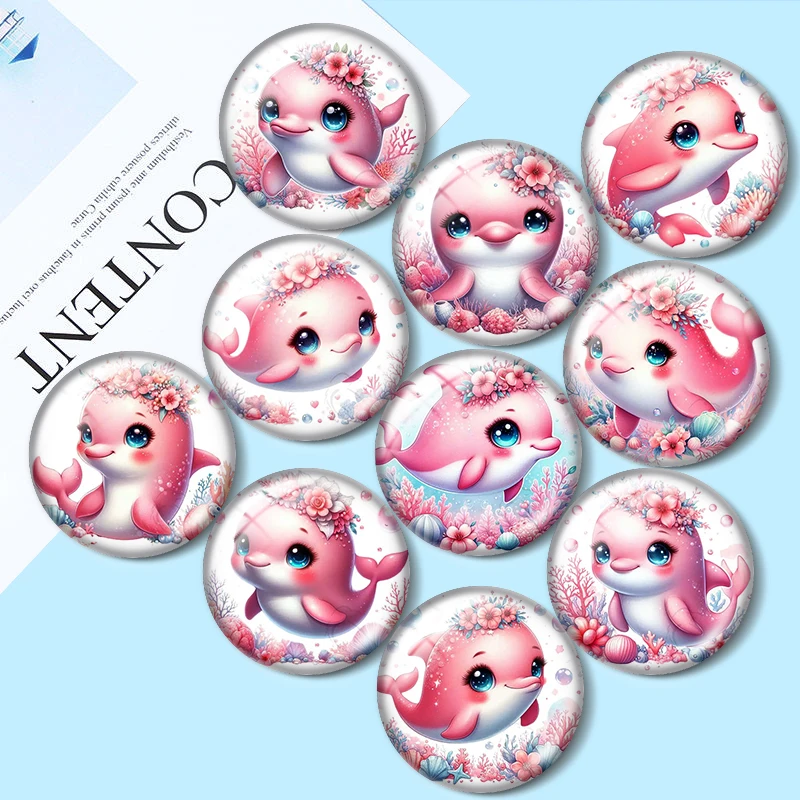 

Pink Dolphin Under the sea 10pcs 12mm/18mm/20mm/25mm Round photo glass cabochon demo flat back Making findings