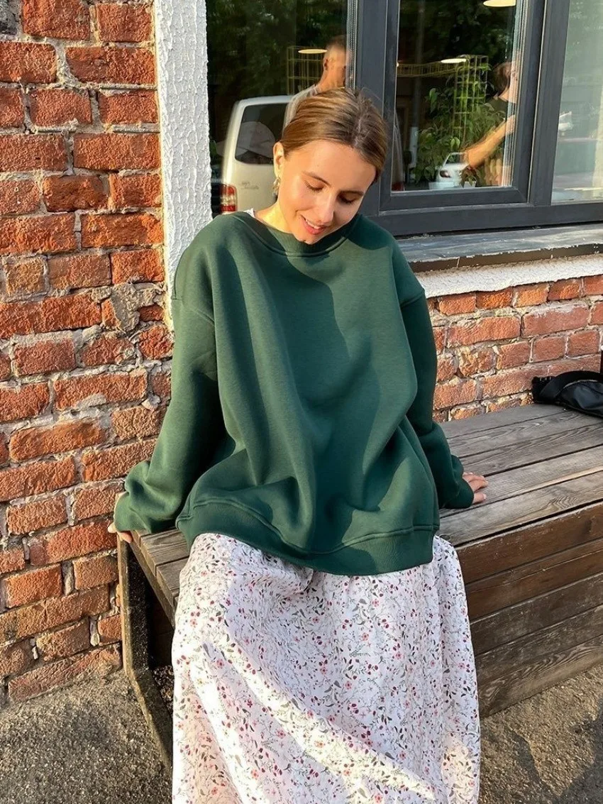 Round Neck Pullover Hoodie Mid Length Alternative Street with Loose Fit Single Regular Thickness Streetwear Women Sweatshirts