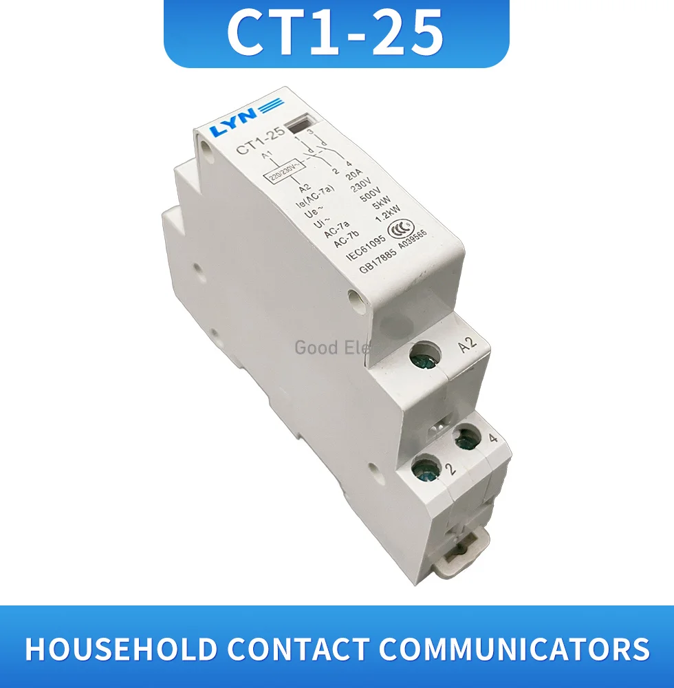 

CT1-25 2P 16A/20A/25A/40A 24V/110V/220V 50/60HZ Din rail бытовой модульный однофазный переменный ток контактор 2NO