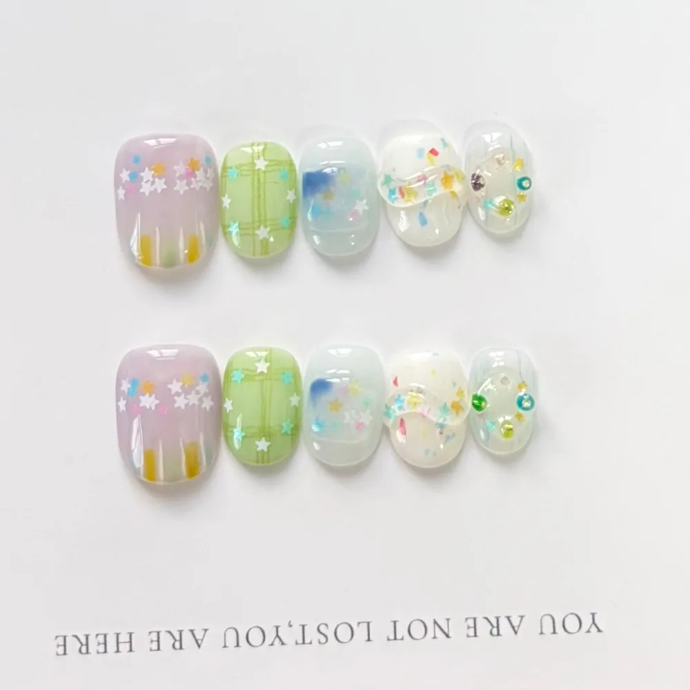 10 Pieces Cute Dreamy Pastel Fairyland Star Candies Handmade Press On Nails Macaron Marshmallow Art Fake Nails Reusable