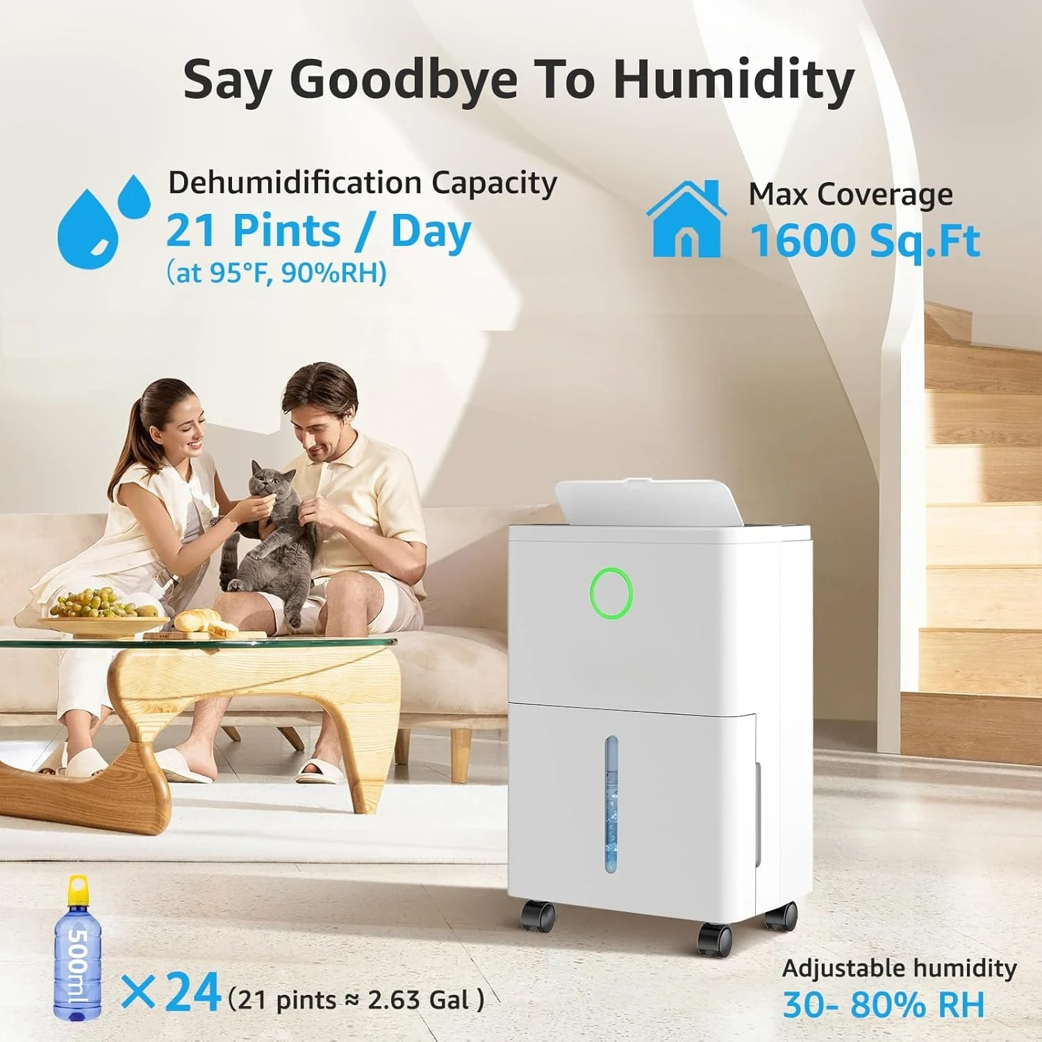 

1600 sq.ft Dehumidifier for Basement, 21 Pint Dehumidifiers for Home with Drain Hose, Continuous Drainage, Washable Filter,New