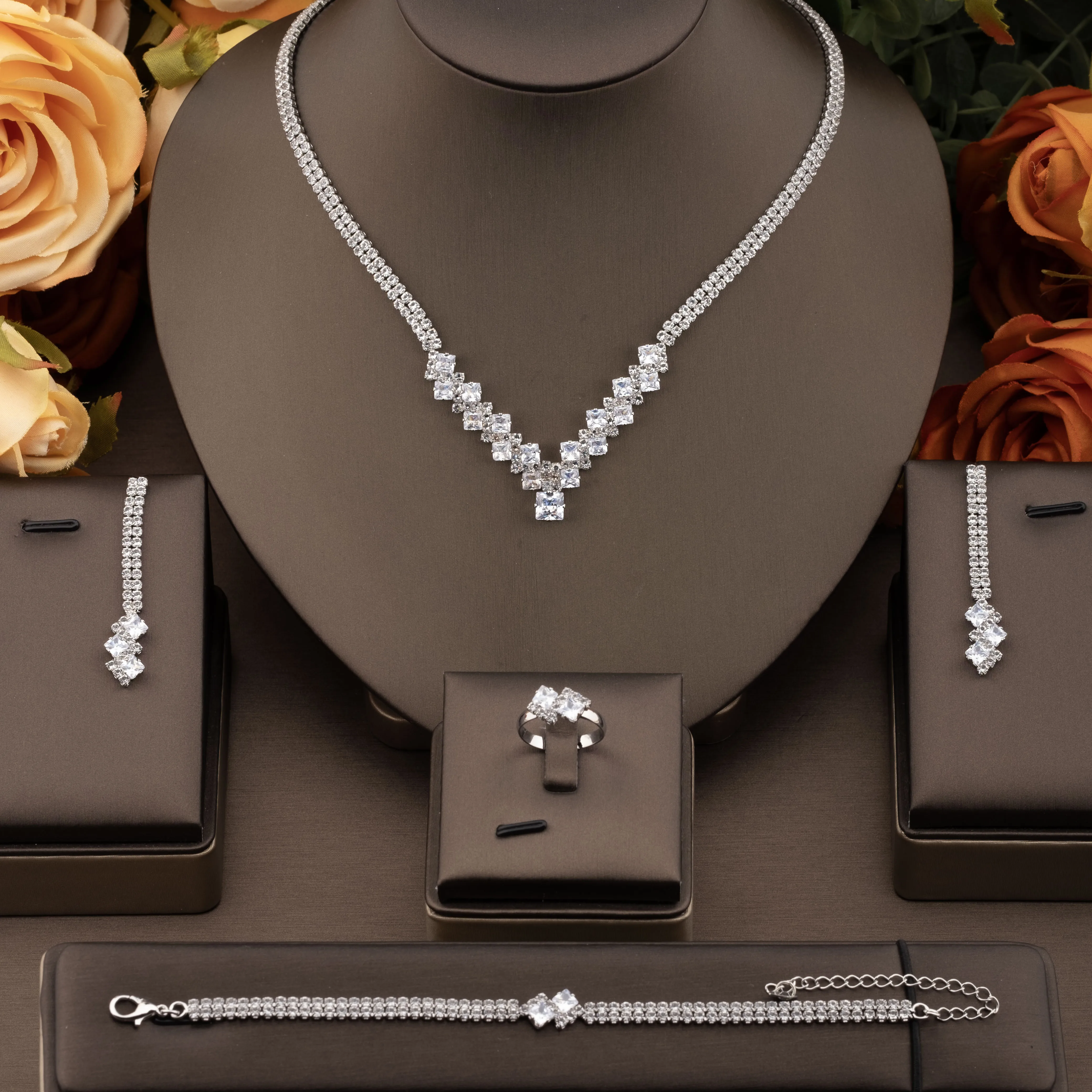 1 Set of Luxurious and Elegant Jewelry Set with Shiny Cubic Zirconia and V-Neck Design, Suitable for Women to Wear at Weddings and Banquets. Gift Box Not Included