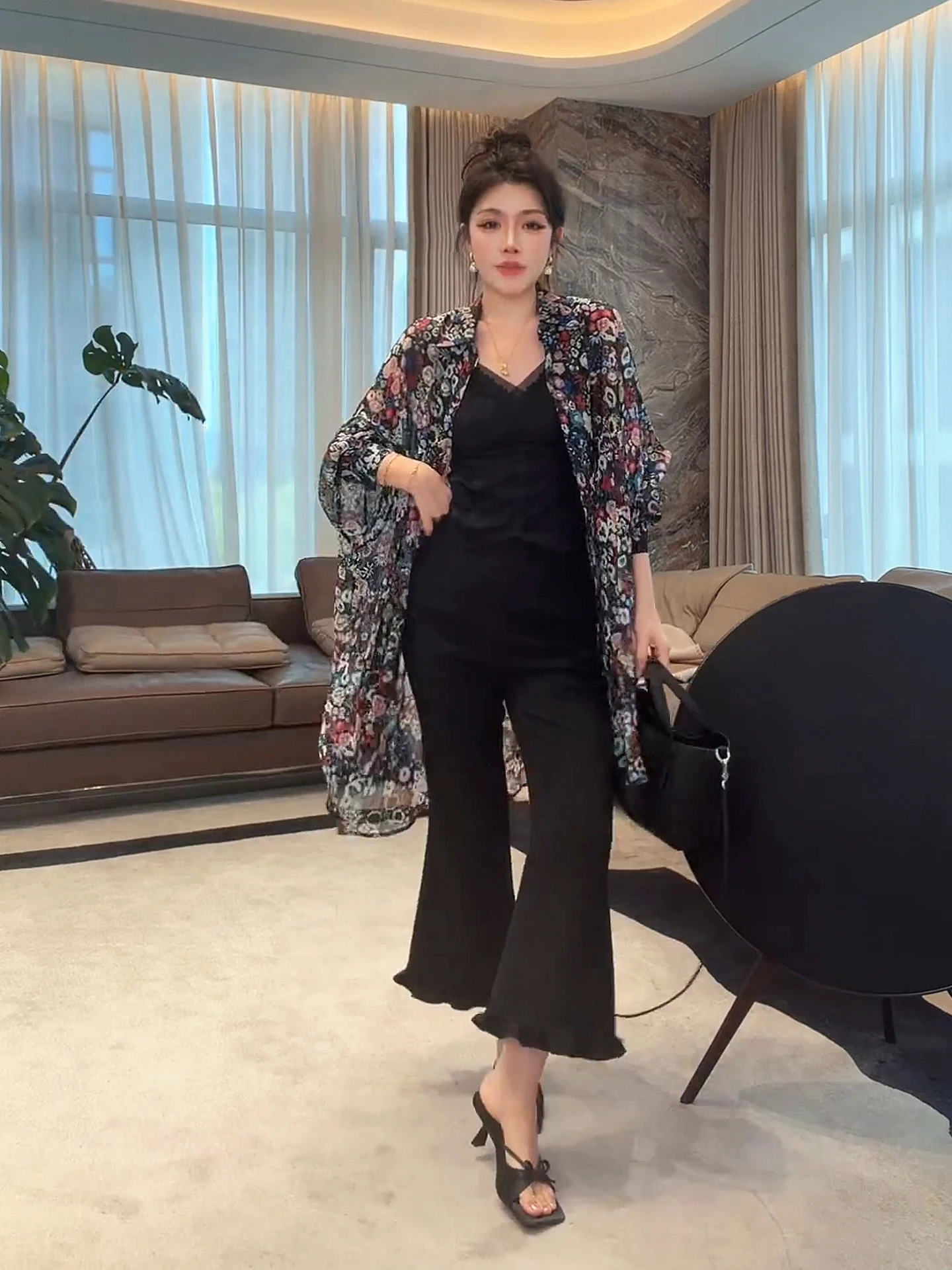 

Шелковое платье с принтом Mei: женское, модное, весеннее, легкое, роскошное, свободного кроя, с длинным рукавом, с эффектом похудения, с цветочным узором