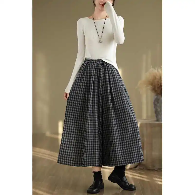 716 Spring Summer Elegant Vintage Style Plaid Pants For Women Elastic High Waist Loose Casual Wide Leg Female Trouser Clothing