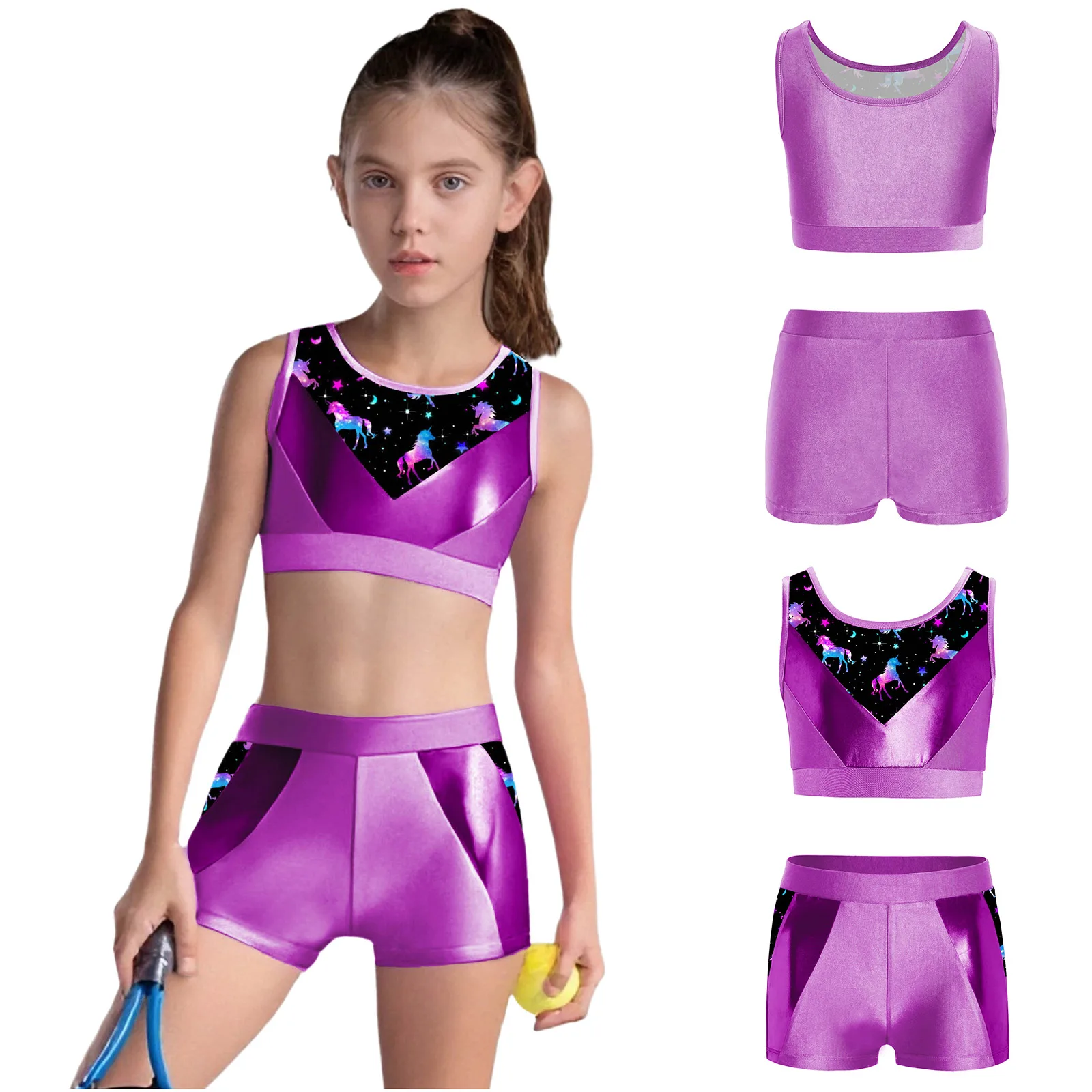 

Girls Quickly Dry Sports Set Round Neck Sleeveless Metallic Crop Tank Top with Stretchy Shorts for Yoga Gymnastics Dance Wear