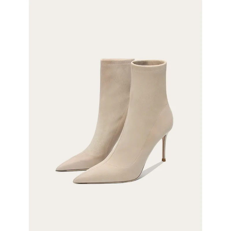 

Женские ботильоны на шпильке с острым носком, замшевые эластичные облегающие ботинки на высоком каблуке