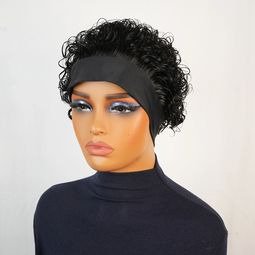 Short Kinky Curly Headband Wig 100% Human Hair for Black Women Brazilian Bob Style with Bangs Full Machine Made Natural Look