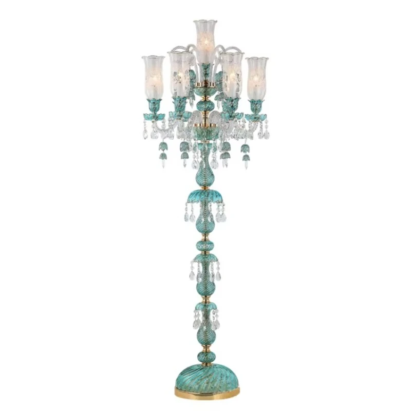 Luxury Traditional Gold Crystal Light Emitting Diode Home Decoration Floor Wedding Hotel E27 Red Lampshade Glass Standing Light