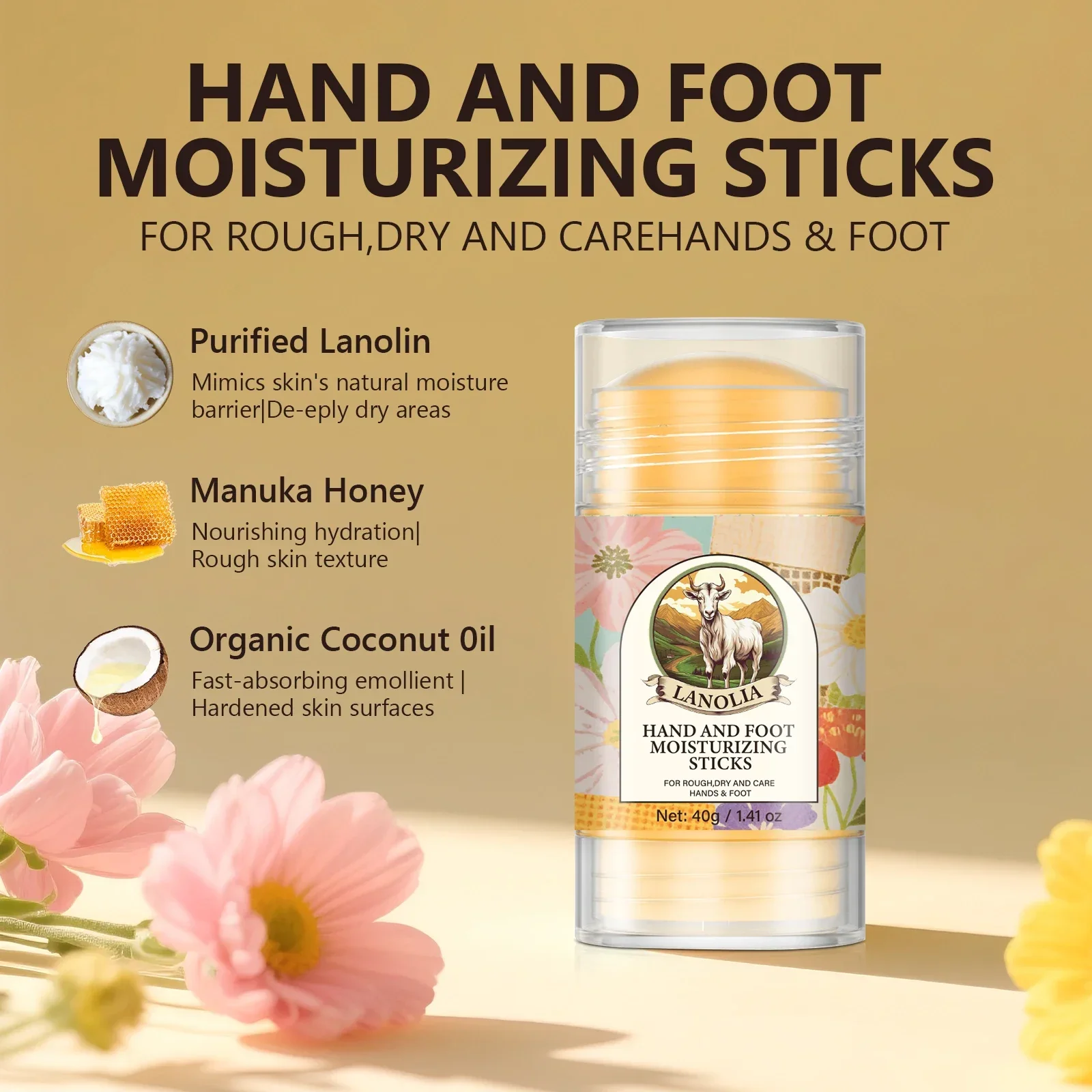 Bastão hidratante para pés e mãos, 40g, óleo de coco, manteiga de karité, absorção rápida, não gorduroso, cuidados com a pele seca para mãos e pés ásperos