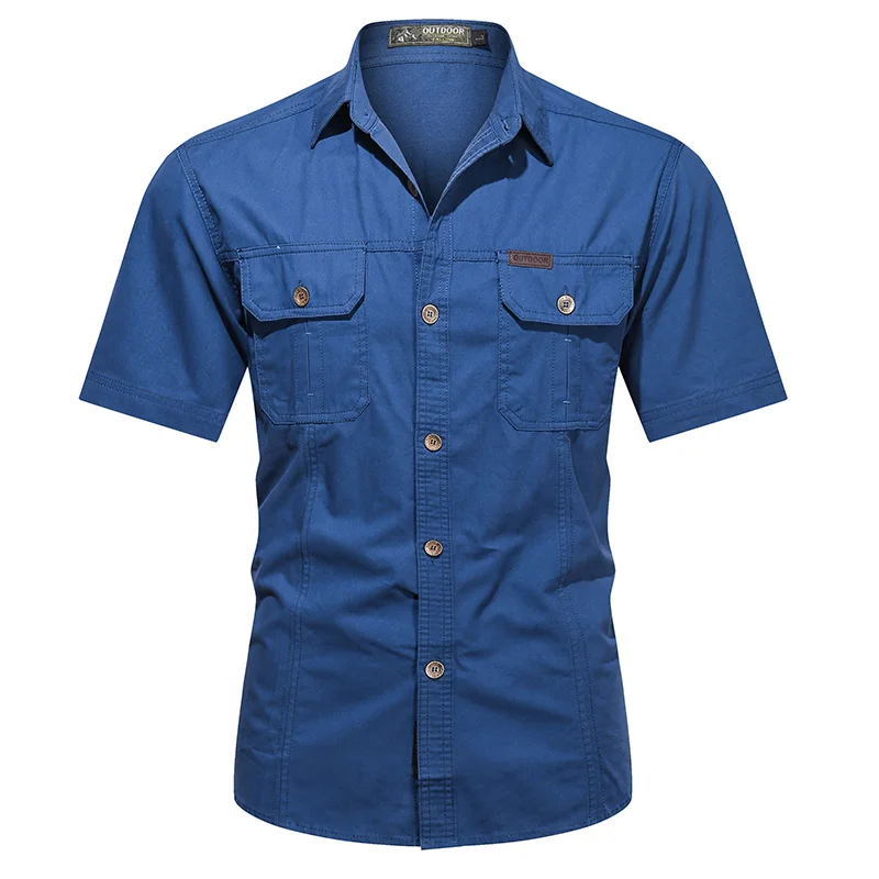 Summer men\'s thin short sleeved shirts, men\'s outdoor work clothes, multi bag half sleeved tops, pure cotton washed shirts