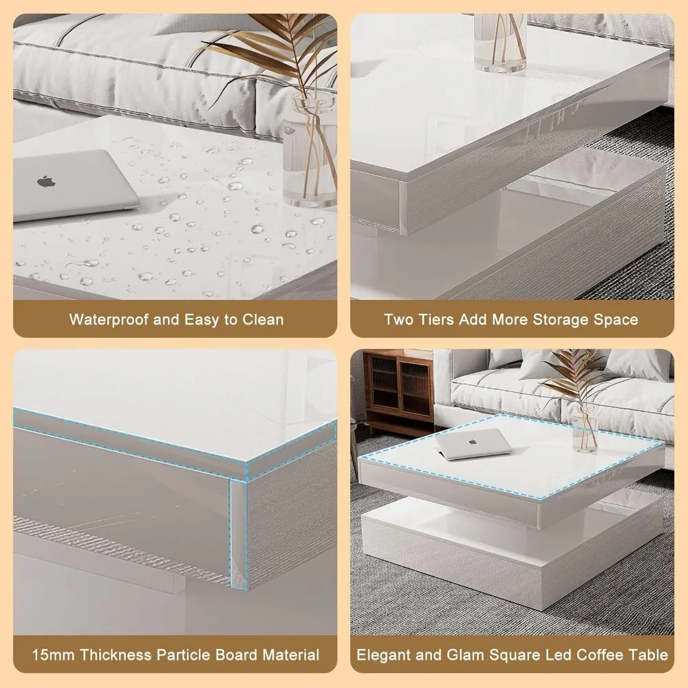 Modern Square 2-Tier Coffee Table with Storage, High Gloss Wooden Living Room Furniture Centerpiece