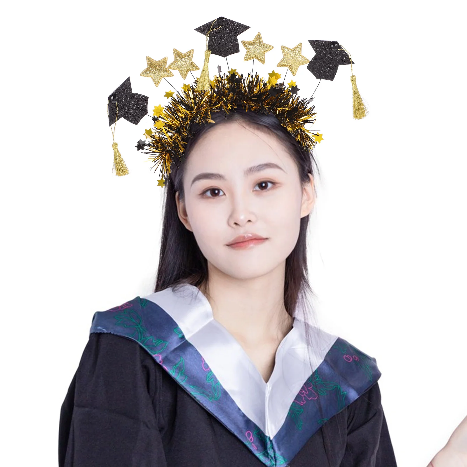 

Выпускная повязка на голову, черное золото, блестящая шапка со звездами, вечерняя повязка на голову, шиньон для выпускной церемонии, 2024, кепка для выпускника, боппер