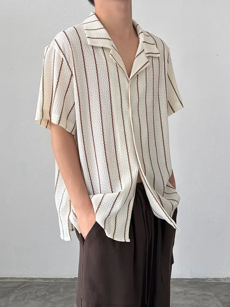 BKYC Retro Striped Texture Short Sleeve Shirt Loose Cuban Collar Men's Women's Summer Casual Vintage Style Breathable Shirt