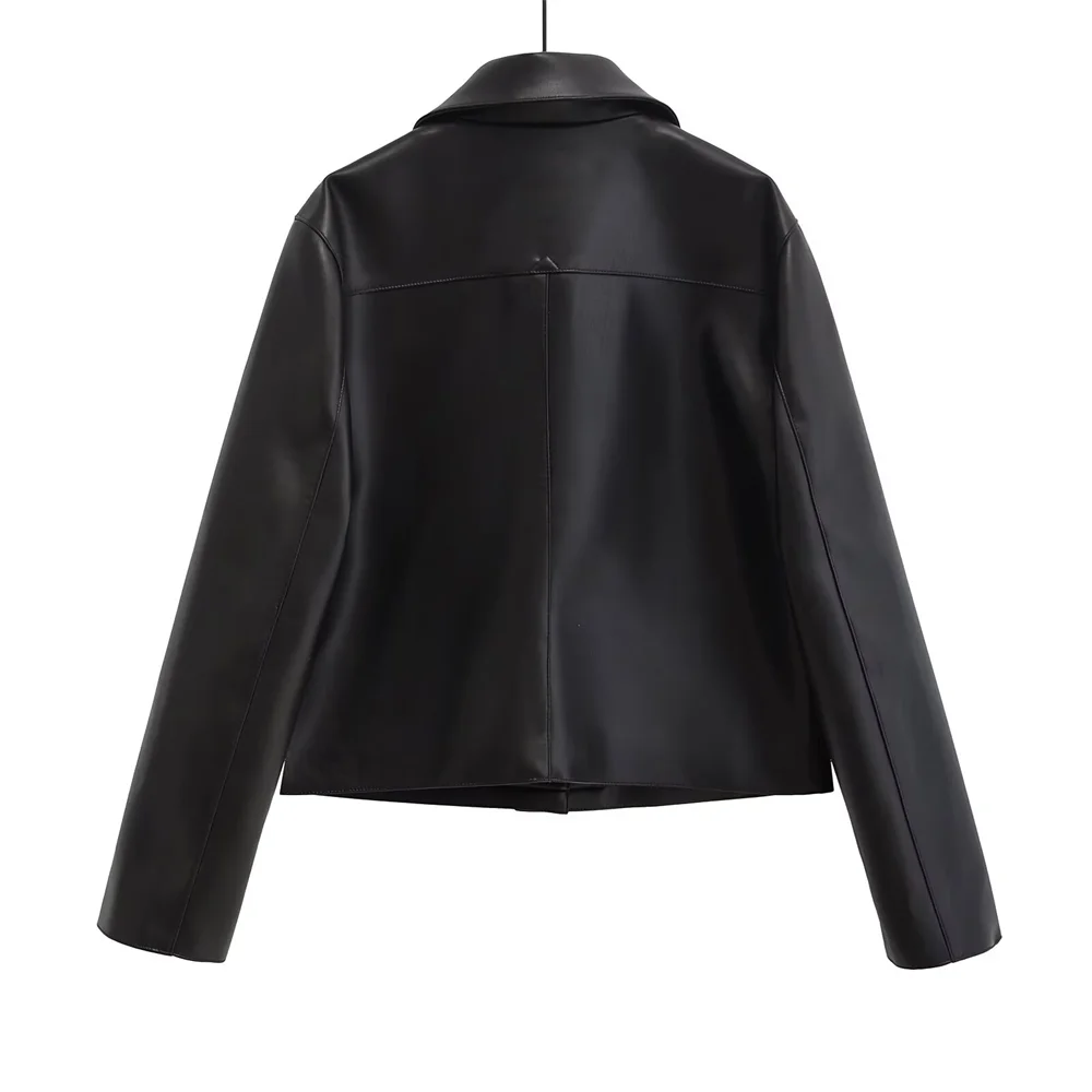 PB&ZA2024 Autumn New Women\'s Fashion Style Casual Versatile Solid Color Single breasted Collar Leather Jacket